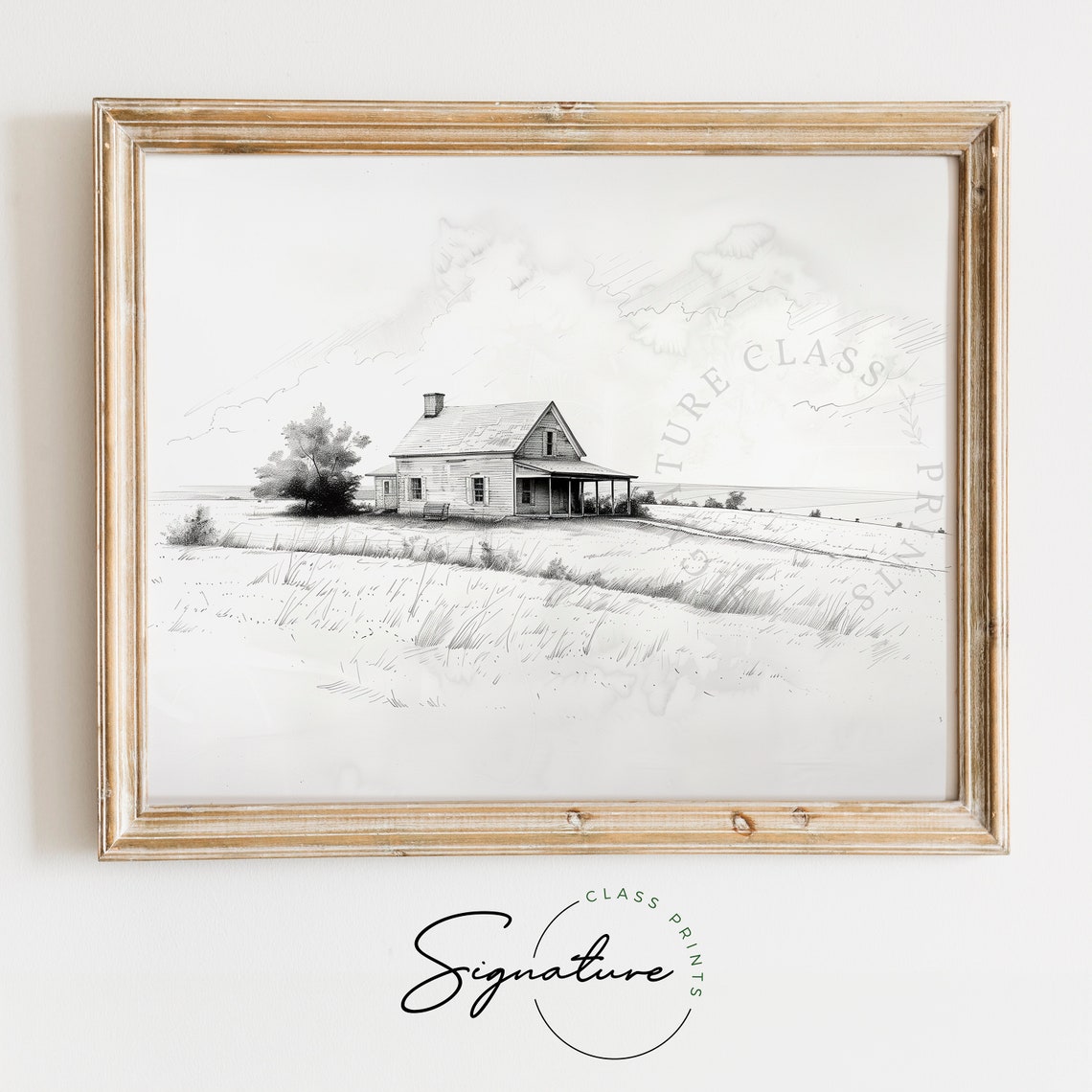 Old Farmhouse with Porch Pencil Sketch Rural Countryside Poster