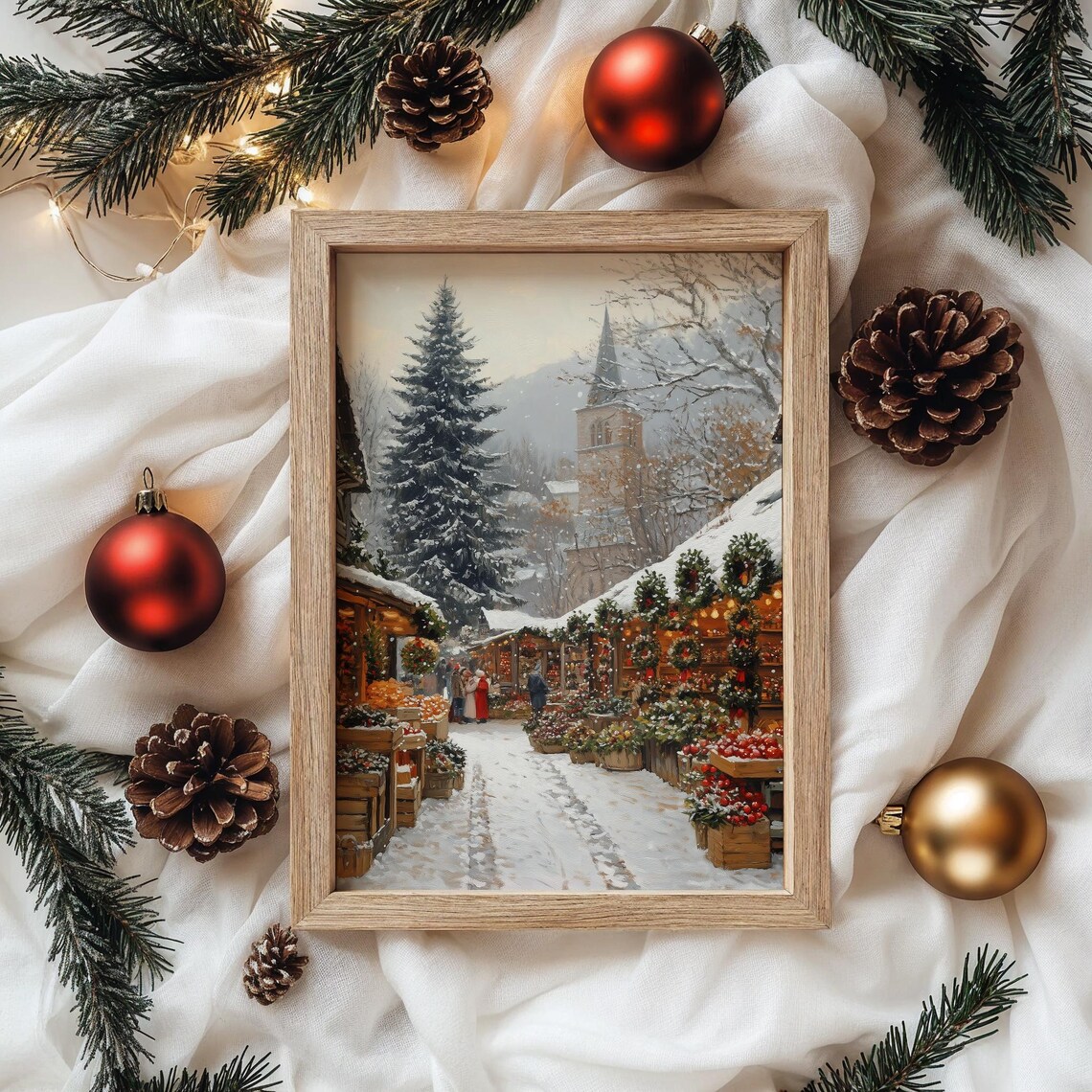 Snowy Christmas Market Street with Wreaths Church and Tree Poster - Image 4