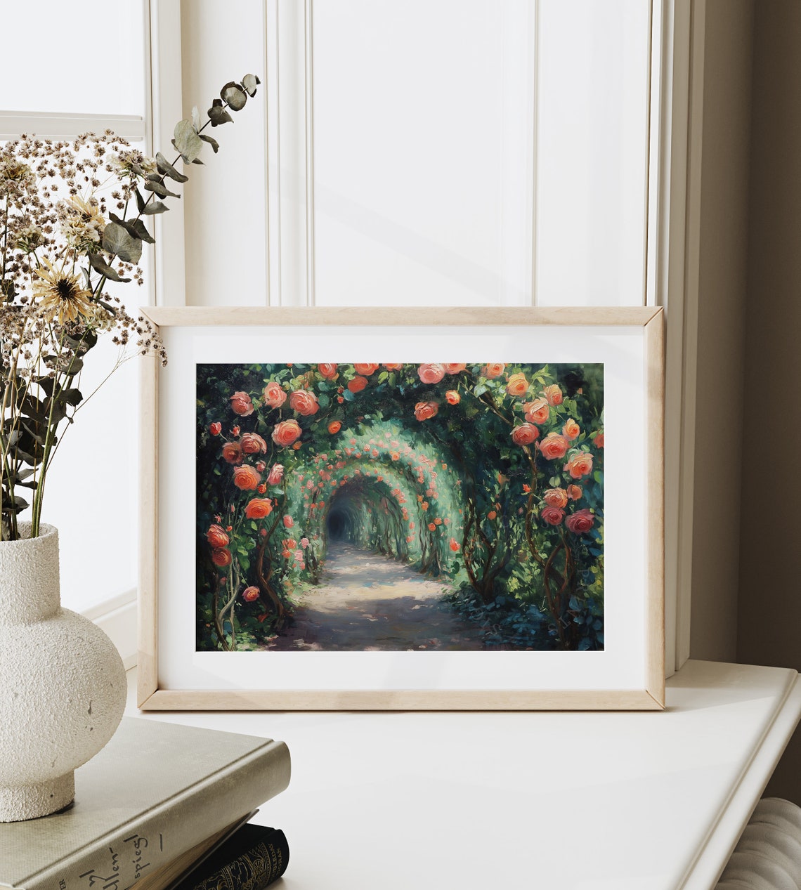 Impressionist Coral Rose Tunnel Garden Path Blooming Flowers Poster - Image 6