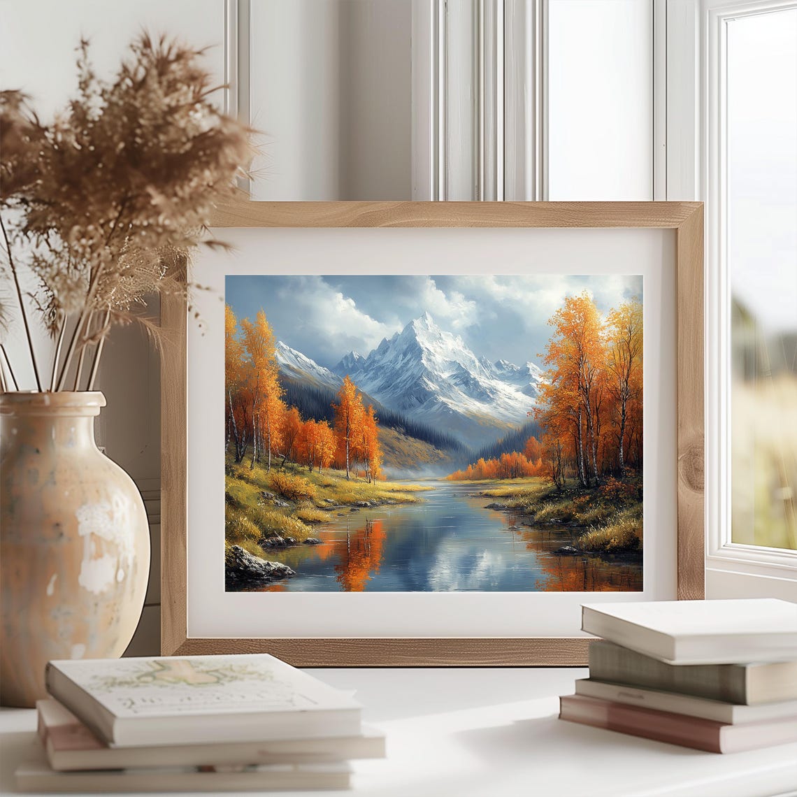 Autumn River Mountain Reflection Orange Aspens Fall Landscape Wall Art - Image 2