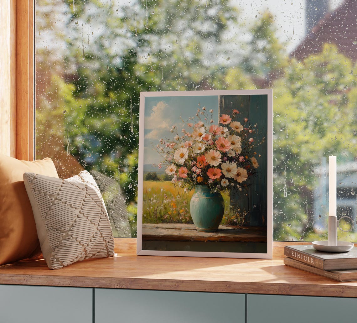 Turquoise Vase With Spring Cosmos Flowers Rustic Oil Painting Wall Art - Image 5