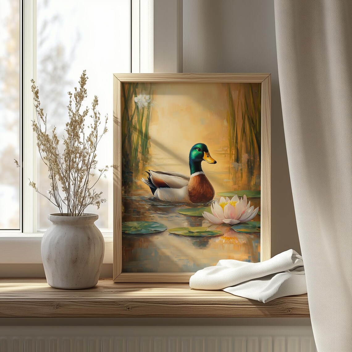 Mallard Duck On Serene Pond Water Lily Spring Nature Painting Print - Image 4