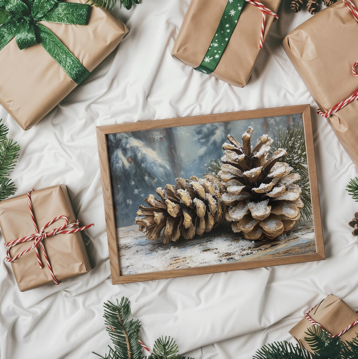 Snowy Pinecones Winter Forest Still Life Oil Painting Poster - Image 5