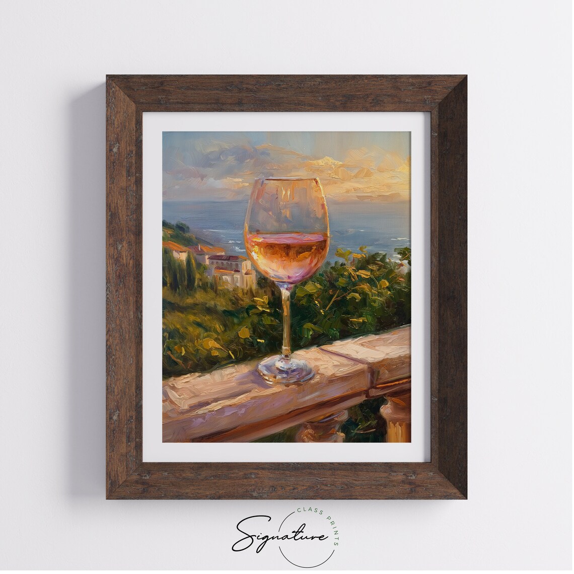 Glass of Rose Wine on Balcony Overlooking Coastal Town Poster - Image 4