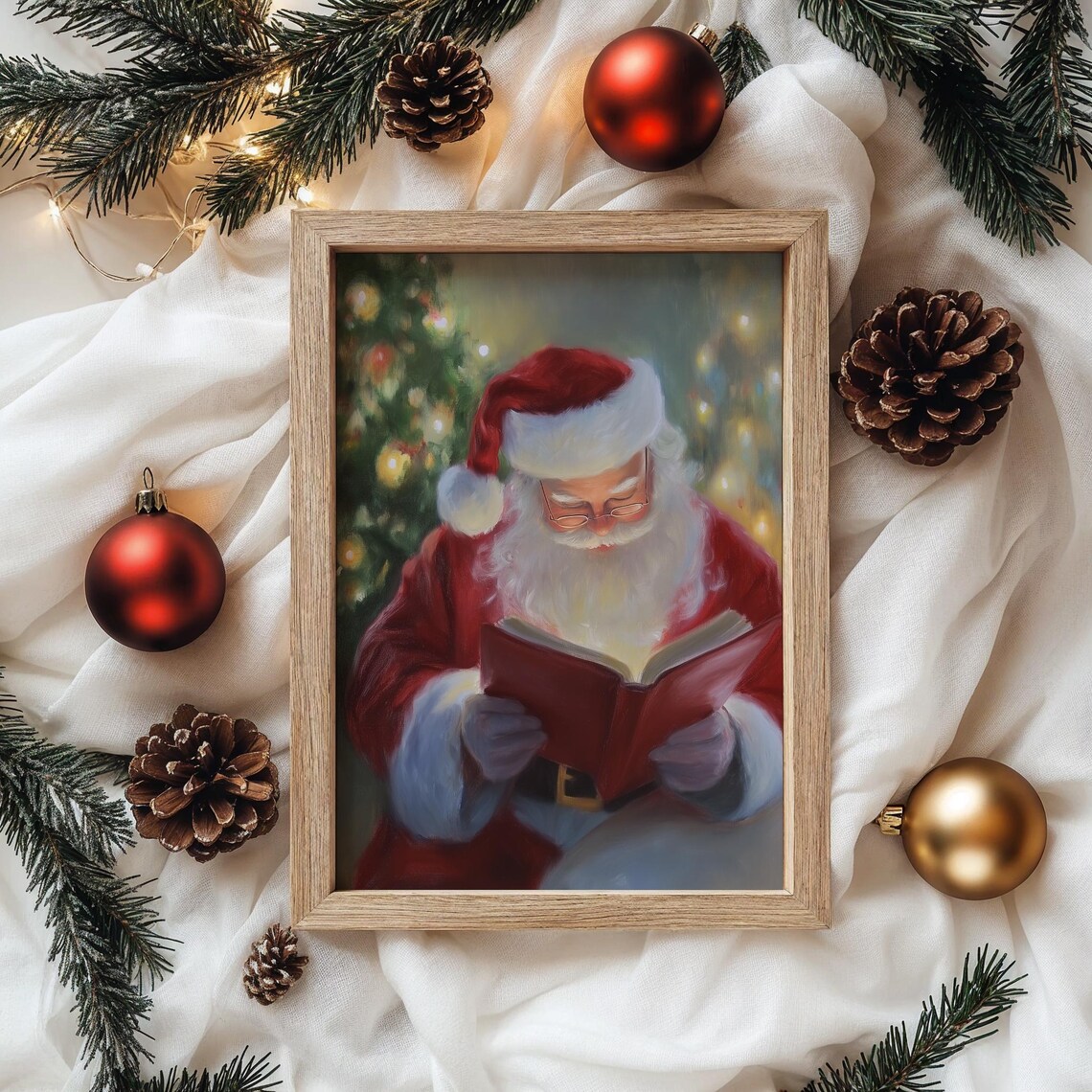 Santa Claus Reading Book Christmas Lights Painting Holiday Poster - Image 3