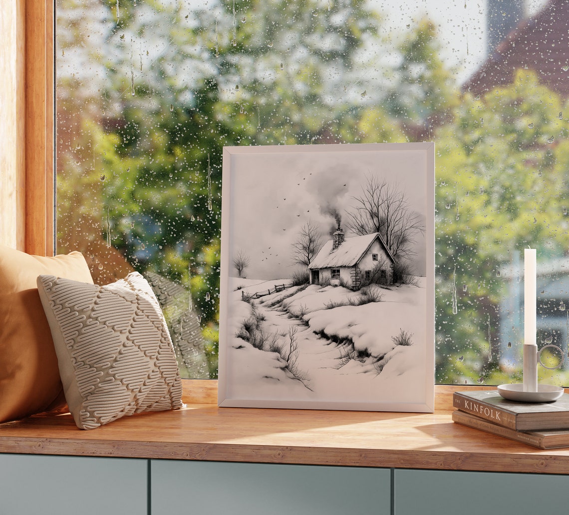 Isolated Stone Cottage In Snowy Landscape Winter Sketch Poster - Image 2