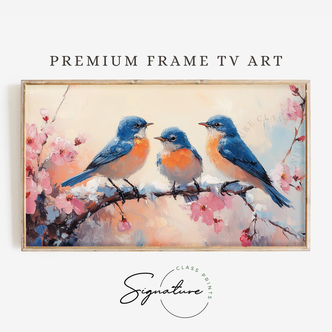 Three Bluebirds On Snowy Blossom Branch In Soft Winter Poster