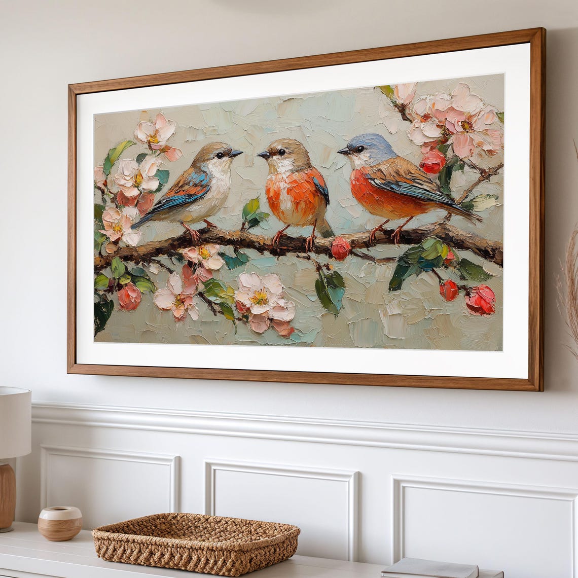 Three Blue Orange Finches On Pink Blossom Branch Impasto Poster - Image 2