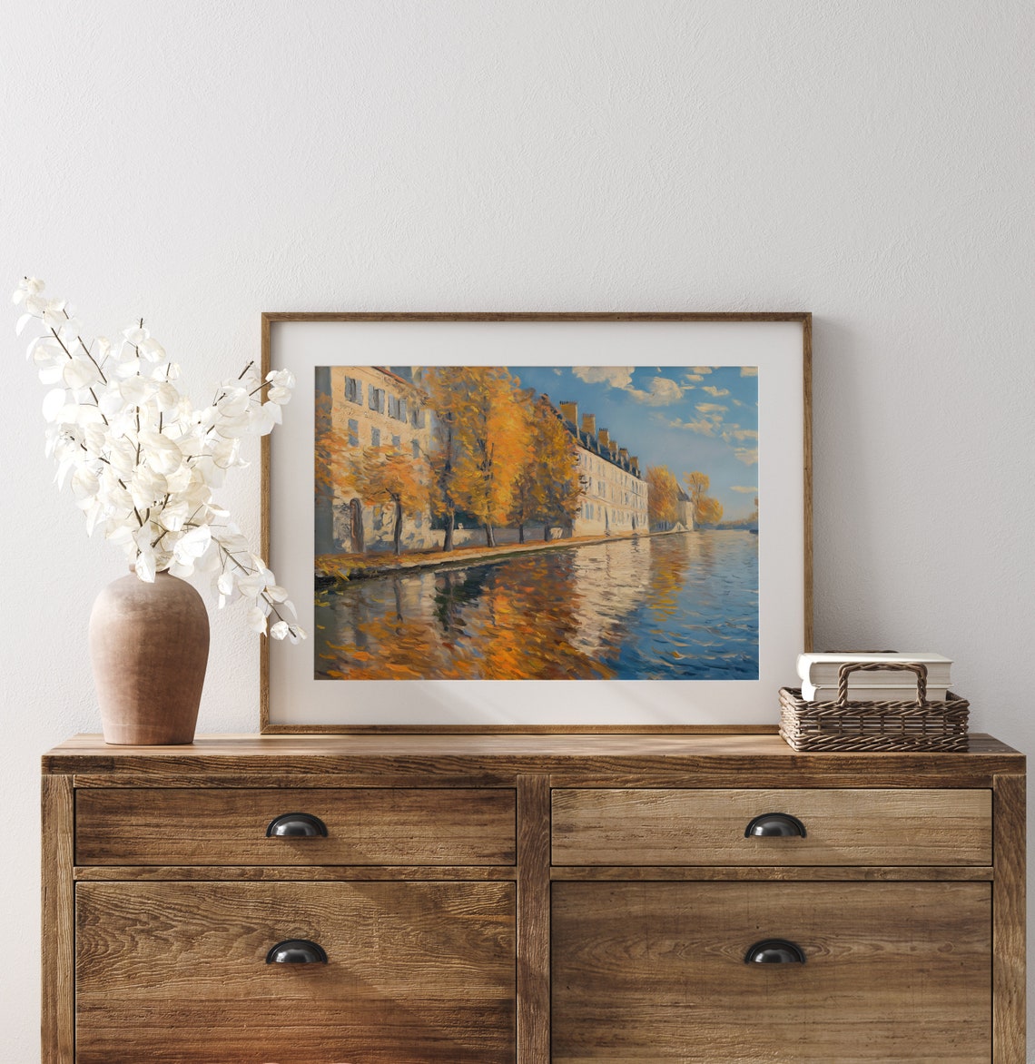 Autumn Riverside City With Fall Trees Reflective Blue Water Poster - Image 3