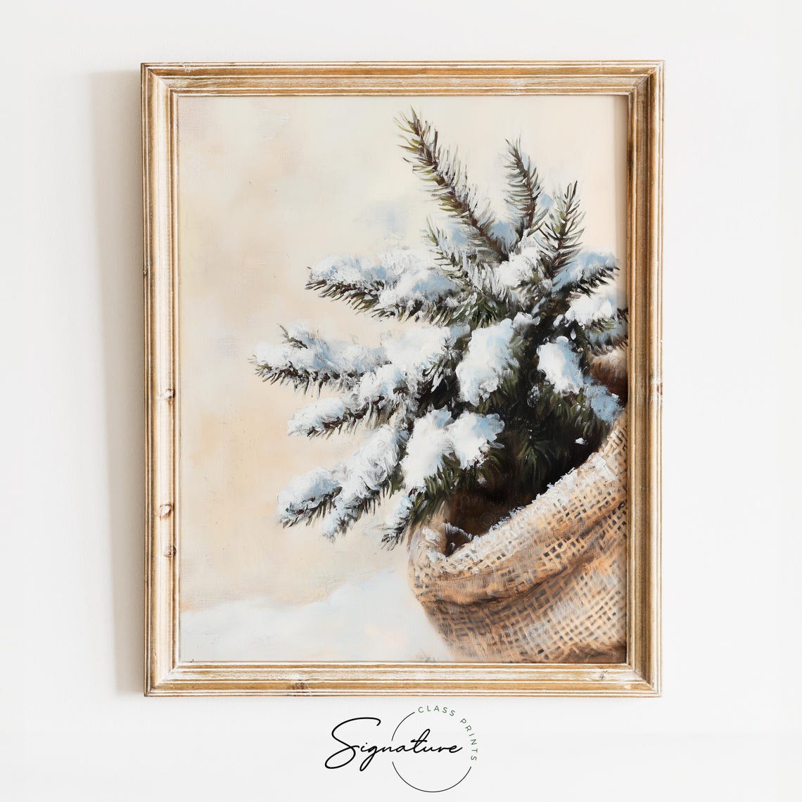 Snow Covered Pine Sprig In Burlap Sack Soft Winter Still Life Wall Art