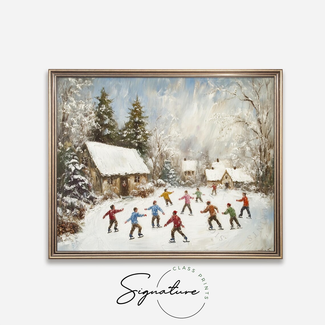 Children Ice Skating On Frozen Pond Near Snowy Cottages Poster - Image 4