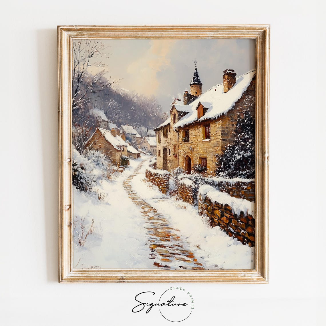 Snowy Cobblestone Path Through Old Village Winter Scene Poster