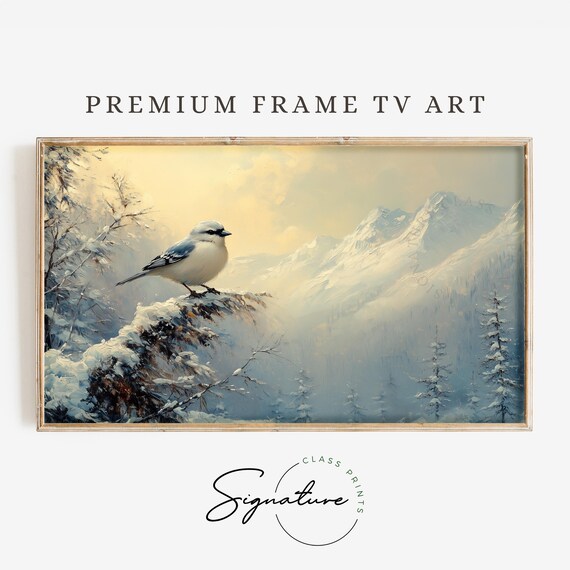 Small Winter Bird On Snowy Pine Branch Mountain Scene Poster