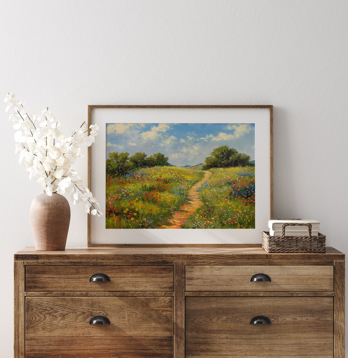 Sunny Wildflower Path Under Blue Sky Impressionist Meadow Poster - Image 3