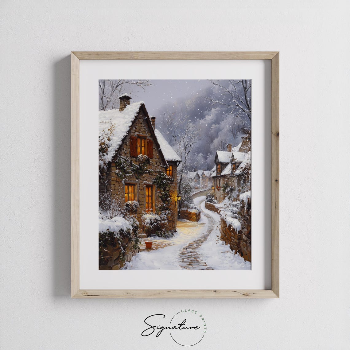 Ivy Covered Stone Cottage on Snowy Cobblestone Village Lane Poster - Image 2