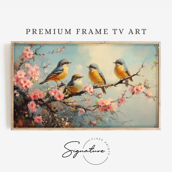 Bluebird Quartet On Cherry Blossom Branch Spring Bird Painting Art Poster