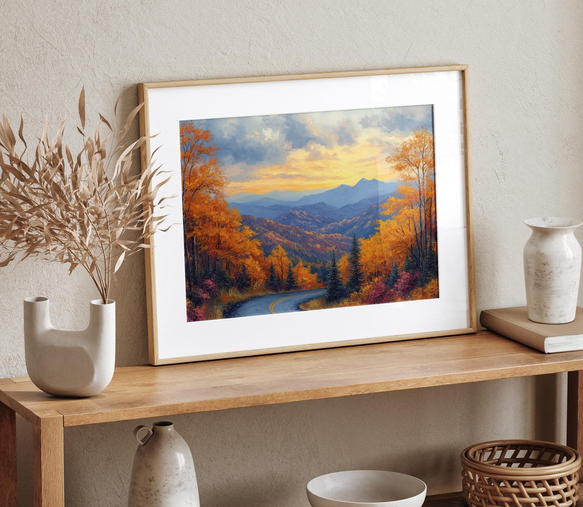 Winding Mountain Road Through Fiery Autumn Forest at Sunset Poster - Image 4