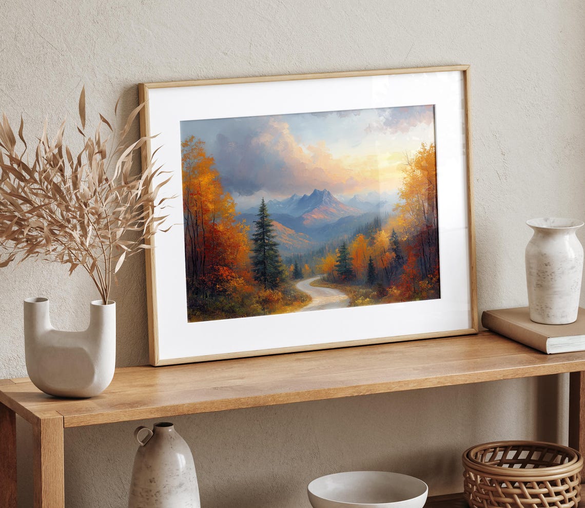 Winding Road Through Autumn Forest Toward Distant Peaks Poster - Image 4