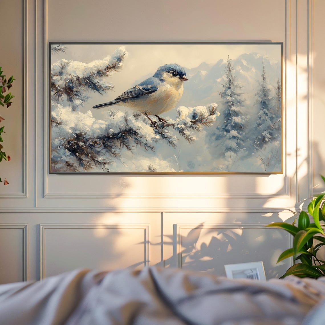 Bluebird On Snowy Pine Branch Winter Forest Mountains Poster - Image 4