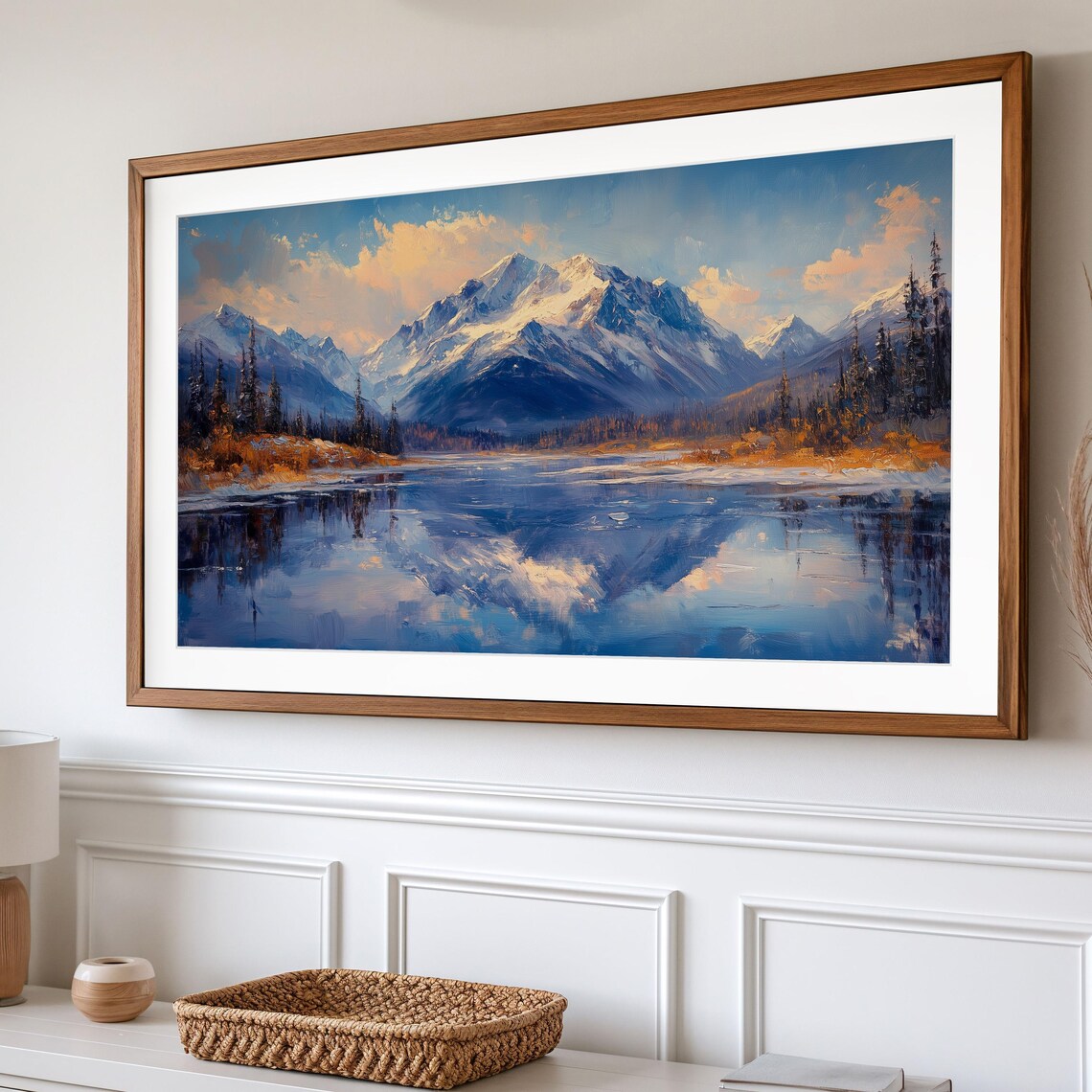 Snowy Peaks Reflected In Lake At Warm Autumn Dawn Mountain Art Poster - Image 2