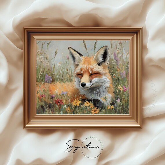 Red Fox Resting in Blooming Field Wildflower Wildlife Painting Poster