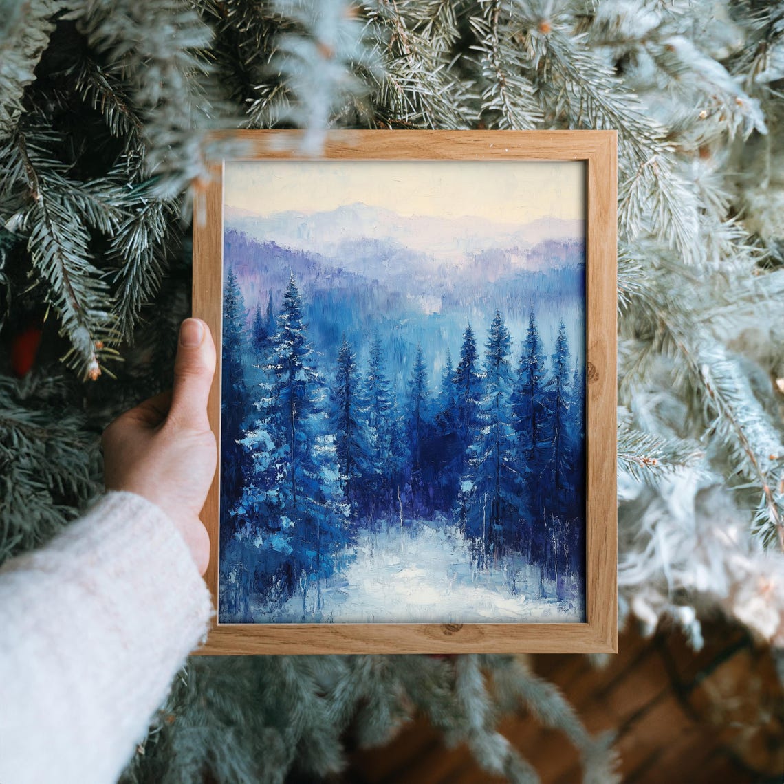 Serene Snowy Cedar Forest With Frosty Blue Tones Winter Art Poster - Image 6
