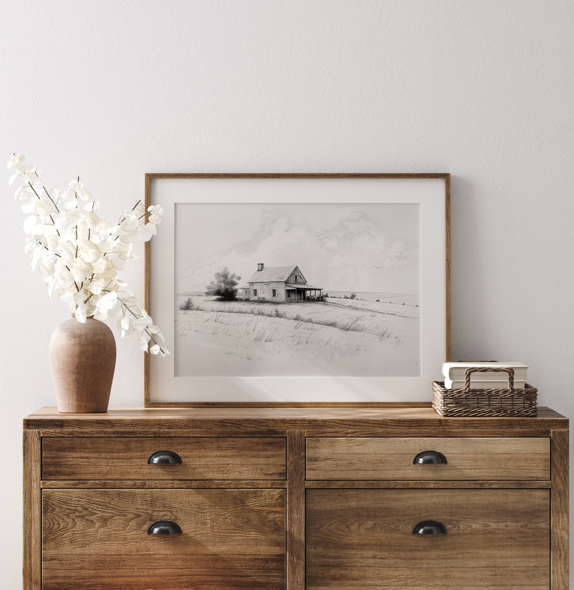 Old Farmhouse with Porch Pencil Sketch Rural Countryside Poster - Image 3