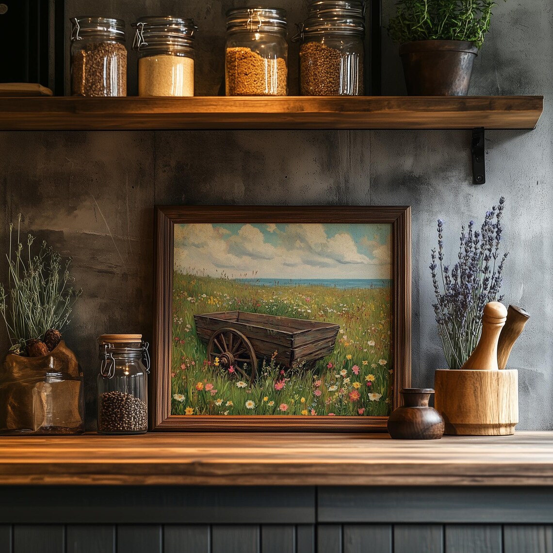 Old Wooden Wagon Wildflower Meadow Seaside Rustic Landscape Painting - Image 2