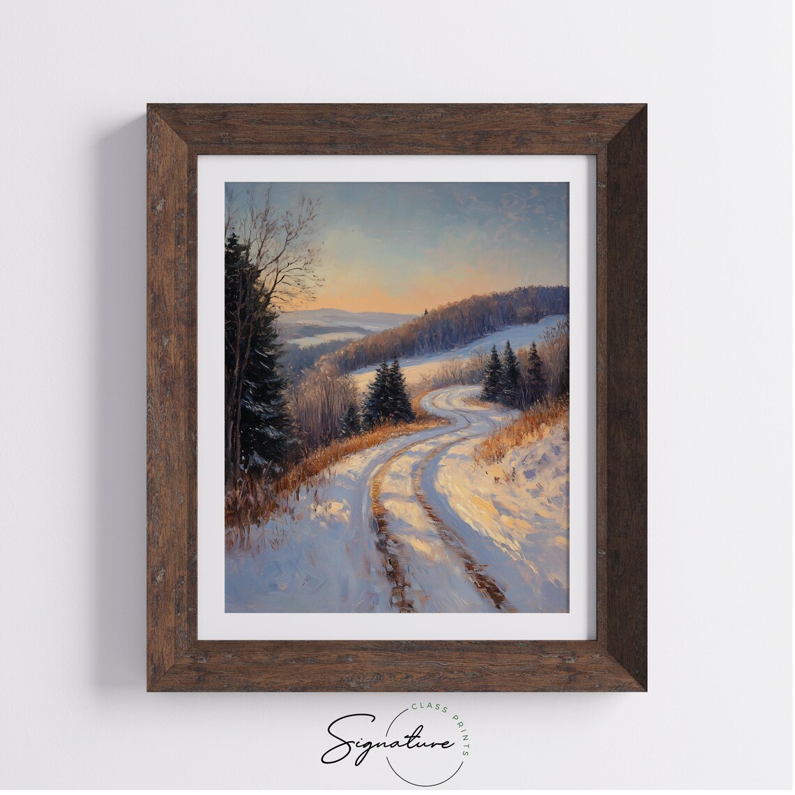 Winding Snowy Country Road Golden Sunset Winter Landscape Poster - Image 2