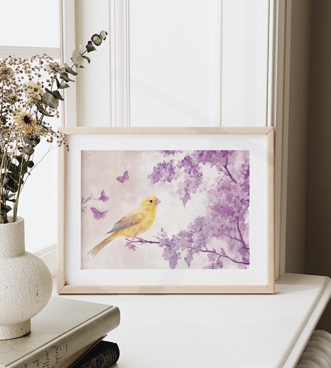 Yellow Canary On Lilac Branch With Purple Butterflies Poster - Image 4