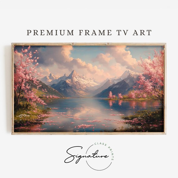 Cherry Blossoms Over Alpine Lake With Snowy Peaks Frame TV Wall Art