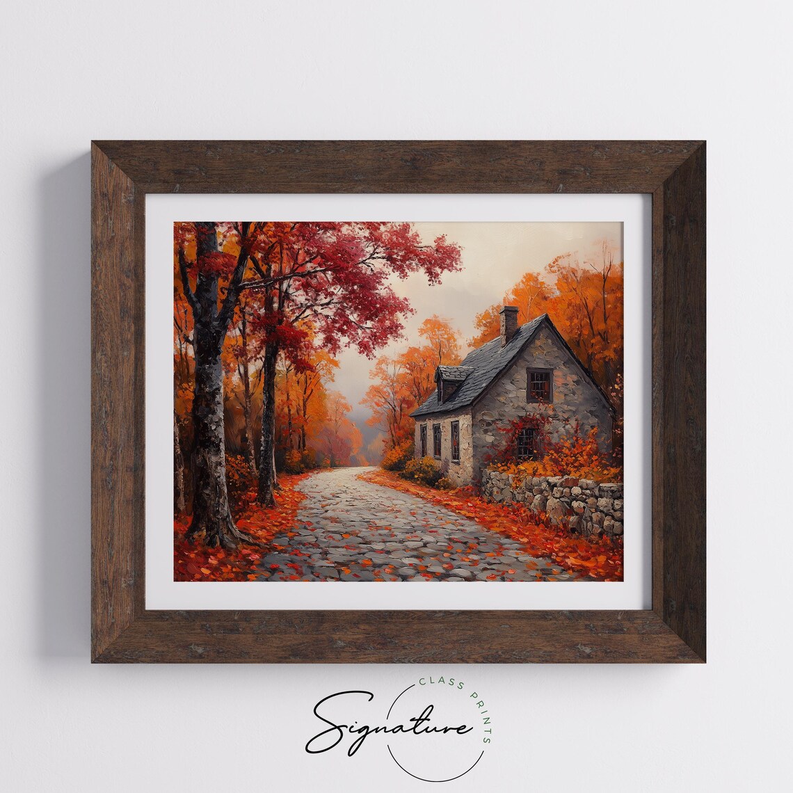 Stone Cottage Autumn Lane Falling Leaves Rustic Fall Landscape Wall Art - Image 5