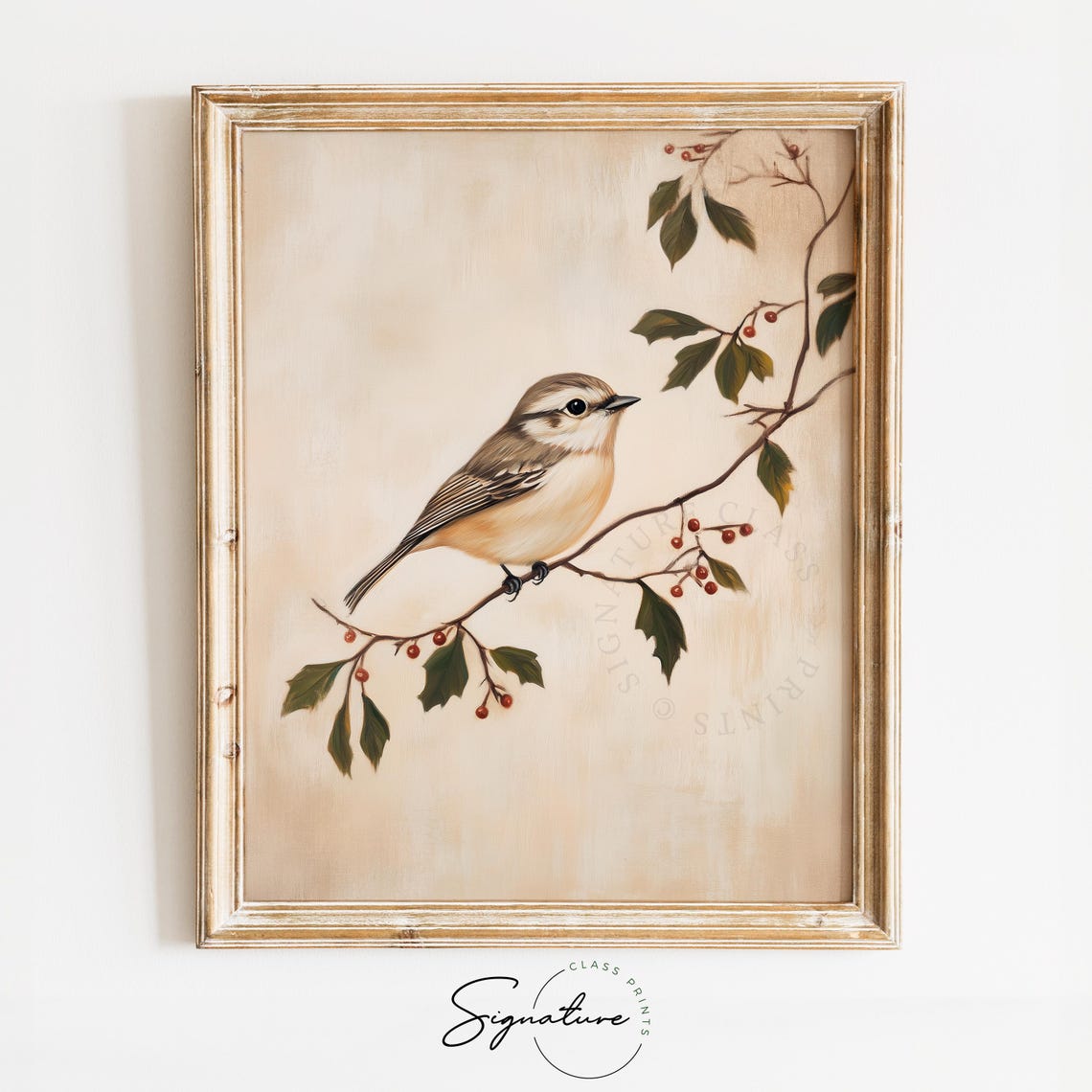 Little Winter Bird on Mistletoe Branch with Red Berries Poster