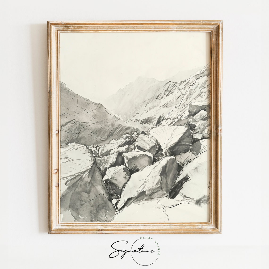 Rugged Mountain Pass With Boulders Charcoal Sketch Landscape Poster