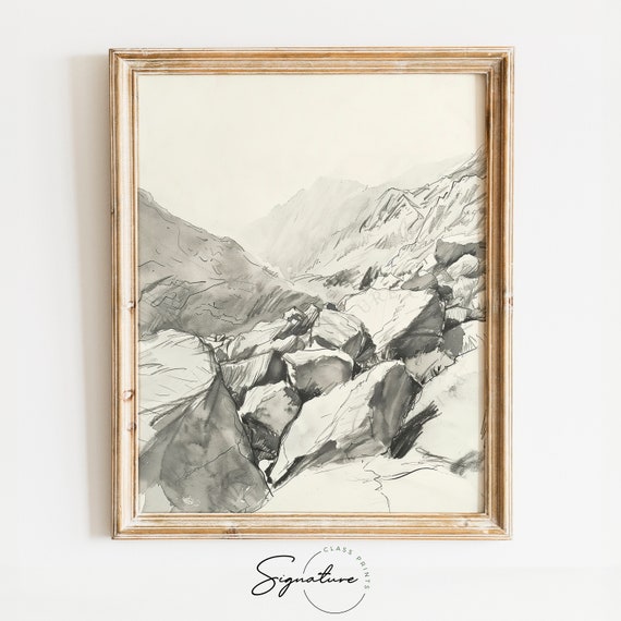 High Mountain Pass With Boulders Sketch Rugged Alpine Art Print Monochrome Mountain Landscape Wall Decor Piece 741