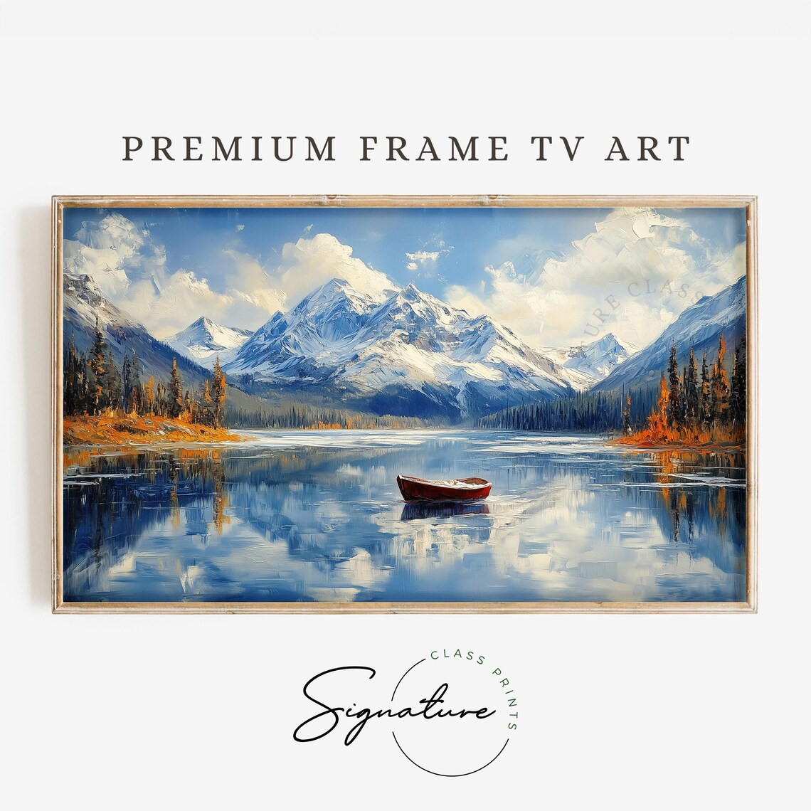 Red Canoe On Snowy Mountain Lake With Autumn Pines Winter Art Poster