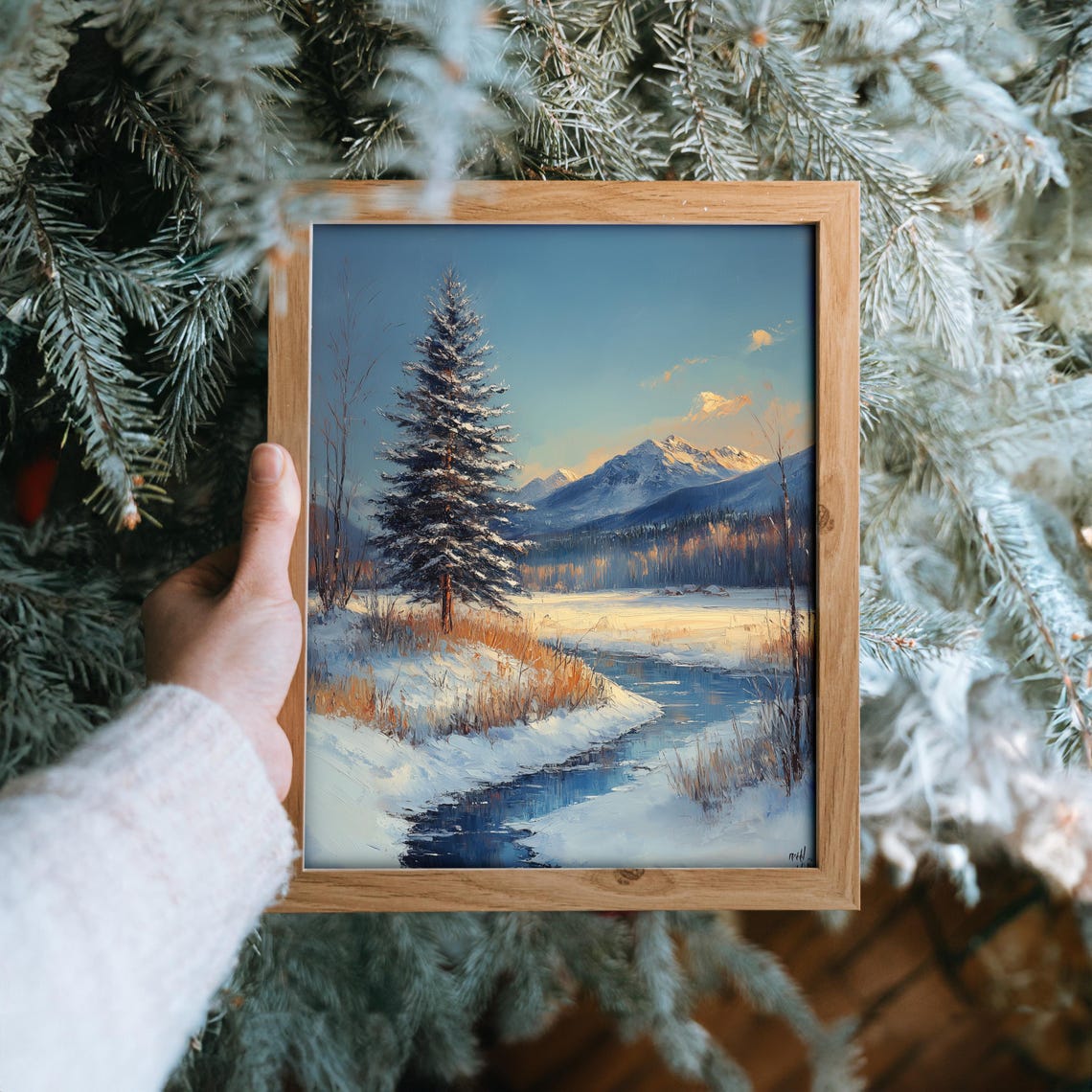 Snowy Mountain Stream with Lone Pine under Golden Sunset Poster - Image 6