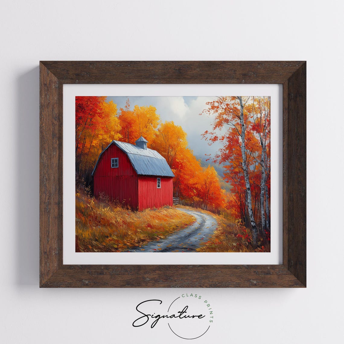 Red Barn Autumn Birches Fall Foliage Rustic Farm Lane Wall Art - Image 5