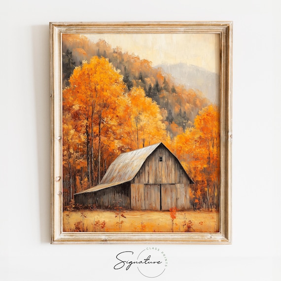 Weathered Wooden Barn Beneath Golden Autumn Trees and Hills Poster