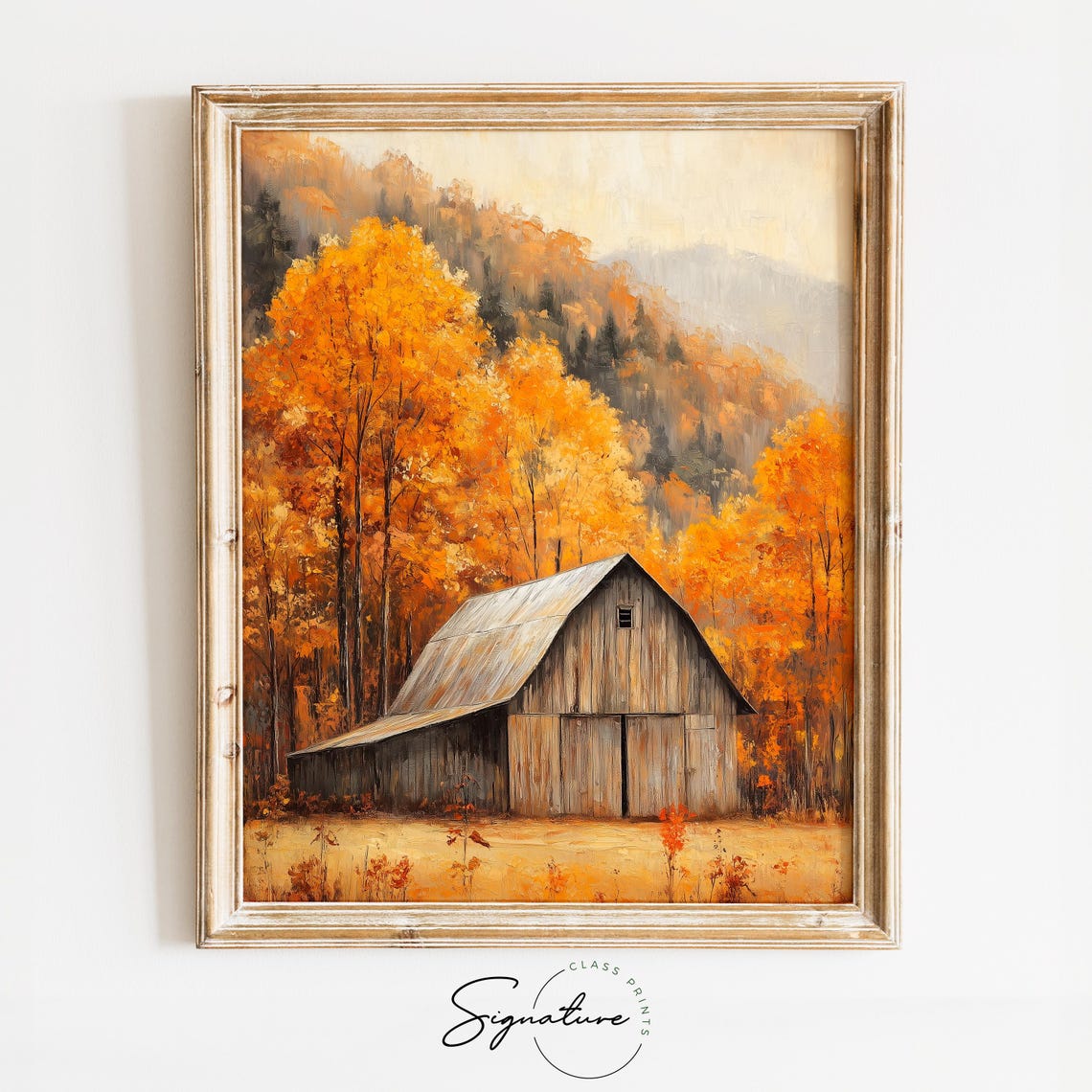 Weathered Wooden Barn Beneath Golden Autumn Trees and Hills Poster