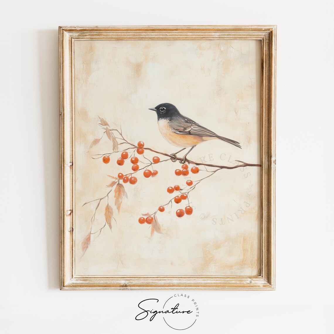 Chickadee Red Berry Branch Cream Vintage Winter Bird Painting Poster