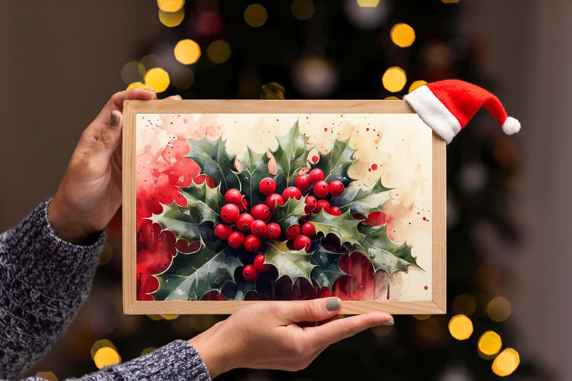 Christmas Holly Berries Watercolor Painting Holiday Season Wall Poster - Image 3