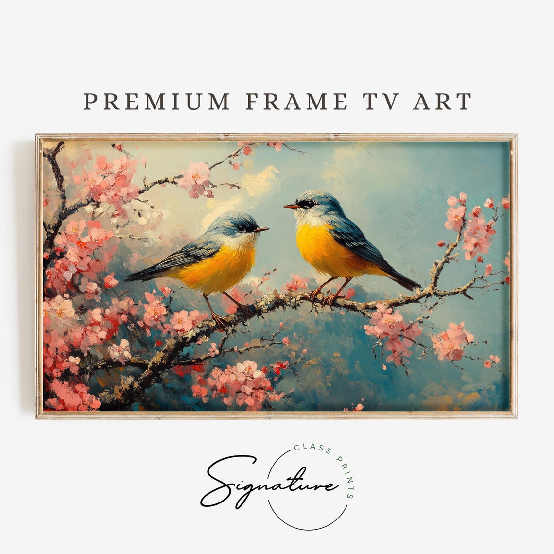 Bluebird Pair On Cherry Blossom Branch Spring Bird Painting Art Poster