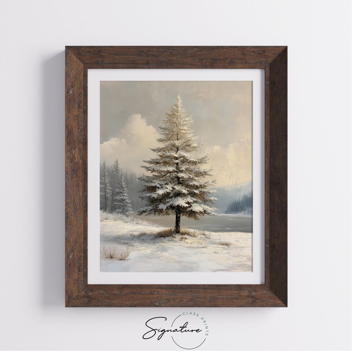 Single Snowy Pine Tree by Frozen Lake Shore Winter Morning Poster - Image 3