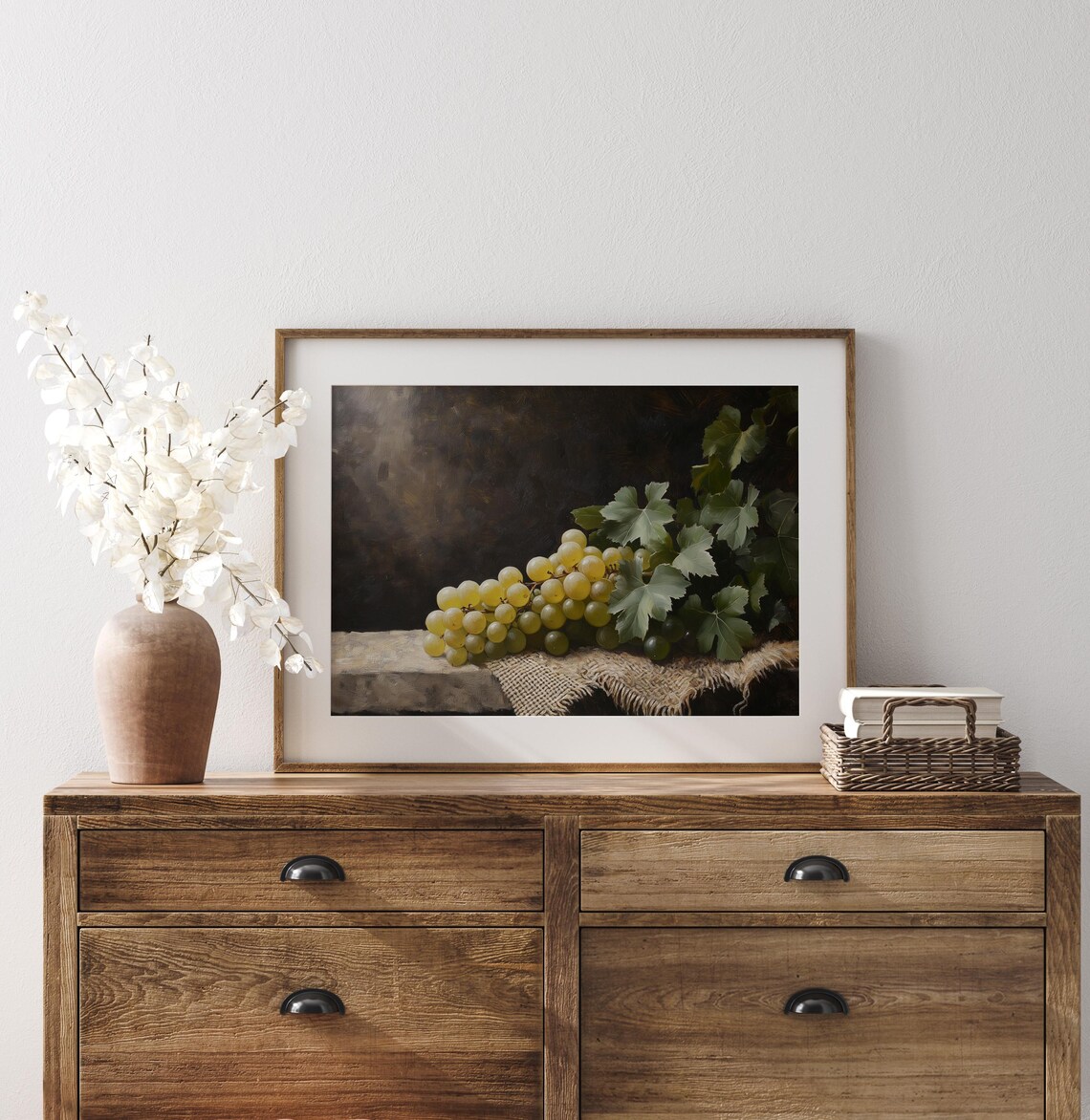 White Grape Vine Still Life Dark Rustic Vintage Oil Painting Print - Image 3