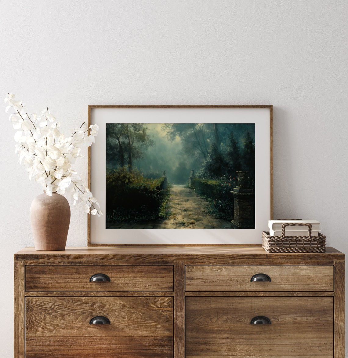 Moody Garden Path with Stone Urns Dark Atmospheric Night Poster - Image 3