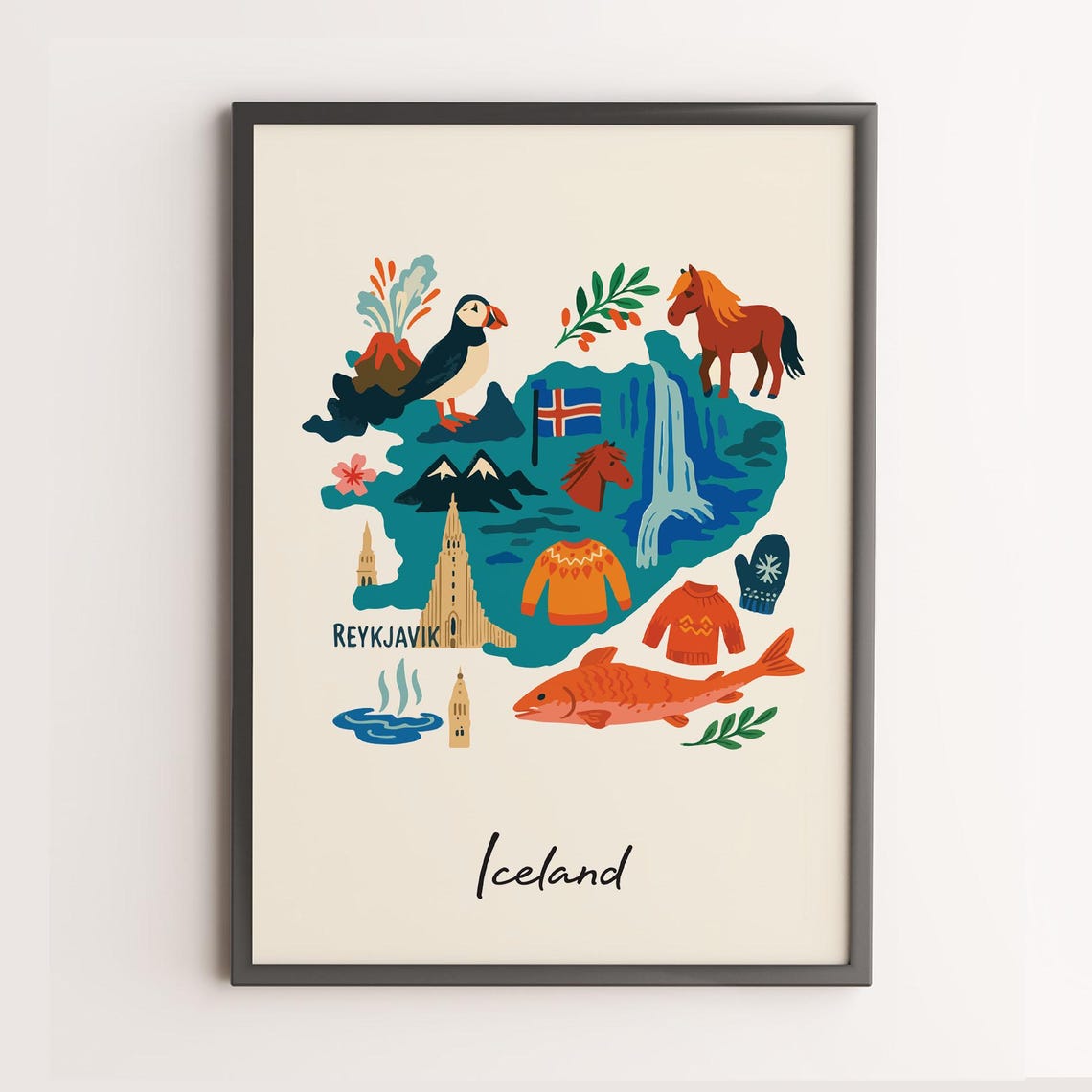 Iceland Illustrated Map Puffin Horse Waterfall Reykjavik Poster