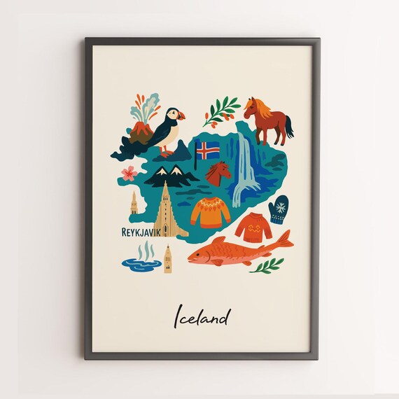 Iceland Print Wall Art Poster Country Illustration Relaxed Decor Unique Artwork Only