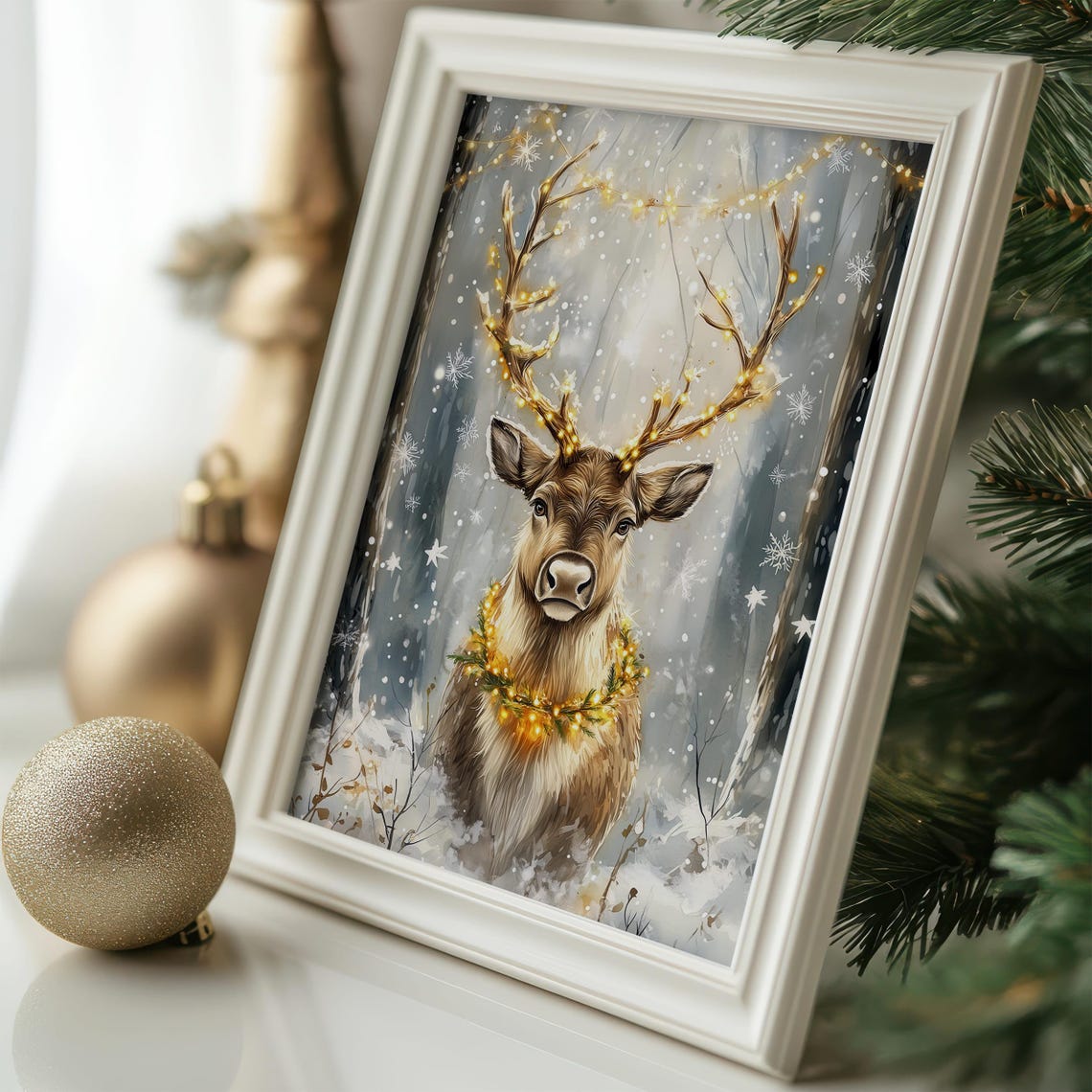 Christmas Reindeer With Lights Snowy Forest Winter Deer Poster - Image 6