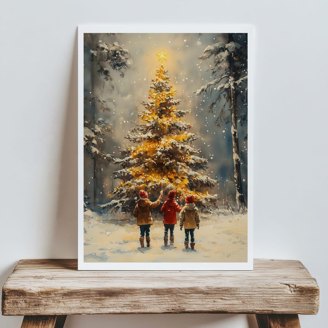 Three Children Admiring Glowing Christmas Tree Snowy Forest Poster - Image 8